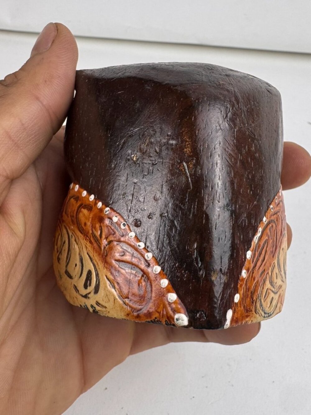 Vintage Hand Carved Wood Owl Figurine Dot Painted Folk Art Boho Decor 2.75" - Picture 4 of 6